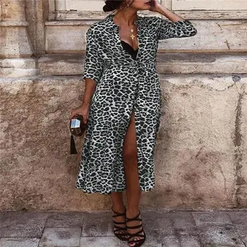 

Trendy Women dress Long Sleeve Bandage Casual Leopard Print V-Neck Slit Polyester Dresses one pieces