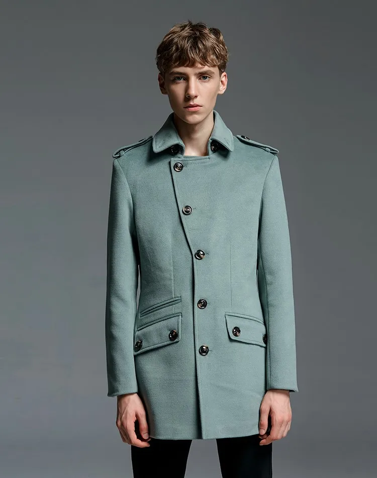 À Mode 2019 Pochettes Poitrine Décontracté Solide Hiver Mélanges La Laine Armée Unique Grande Slim down Col Turn Taille Manteau De Hommes Court ZikXOPu