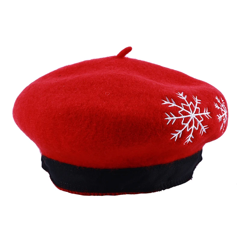 Шерстяной берет, зимние шапки для женщин, Красный берет с вышивкой в виде снежинок, Женский рождественский подарок, английский винтажный берет