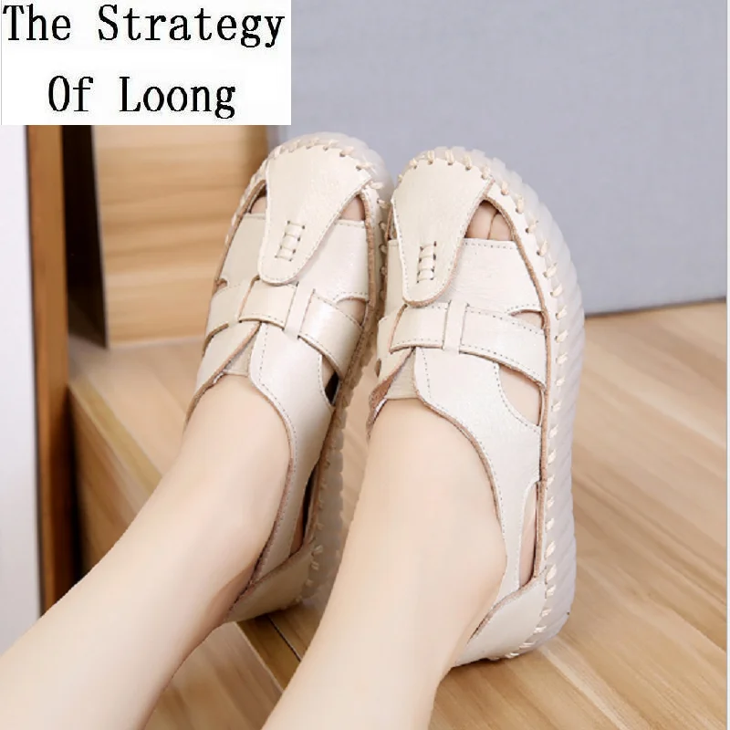 

Women Summer Gladiator Retro Cow leather Casual Slip-On Cut Out Flats Lady Hollow Soft Bottom Closed Toe beach Sandals 20180904