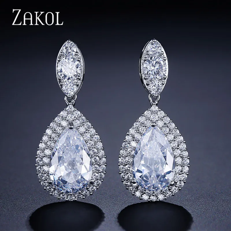 

ZAKOL Fashion Top Quality Water Drop White Color Cubic Zirconia Dangle Earrings For Woman Bridal Wedding Party Jewelry FSEP067