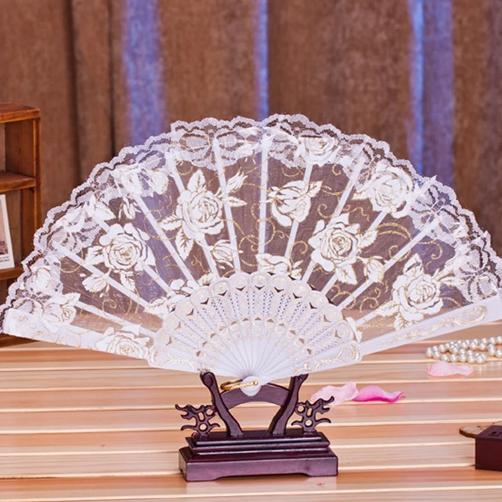 

1 pc Fashion Style Multi-color Chinese Dance Party Wedding Lace Embroidery Flower Folding Hand Held Fan
