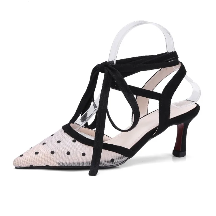2018 Summer Elegant Lace Mesh Sandals Polka Dot Pointed Toe Gladiator Shoes Woman High Heels Big Size 34-43 Strap Footwear Woman (25)