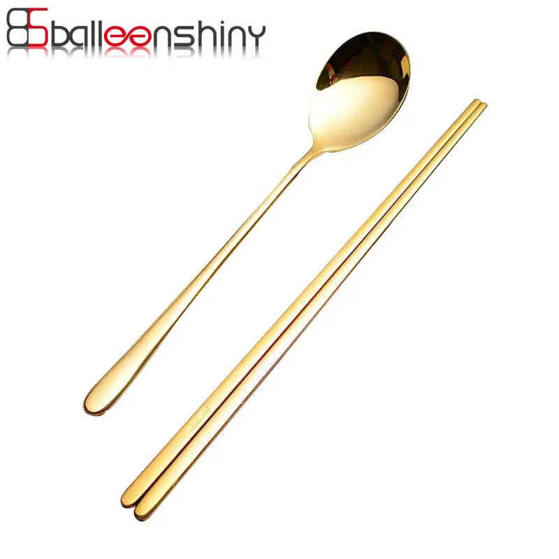 

BalleenShiny Gold Korean Stainless Steel Food tableware Set Long Handle Flat Non-slip Dessert Dinnerware Set Medical Grade