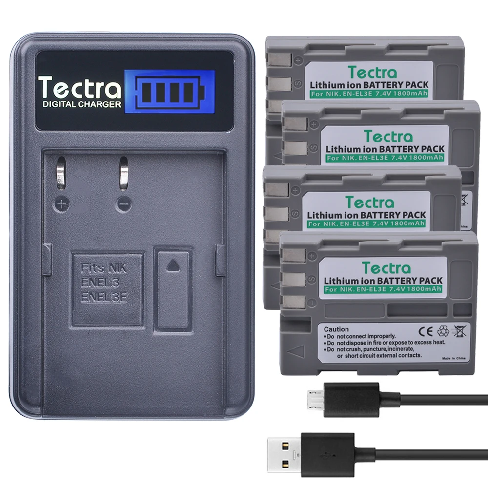 Tectra 4 Pz En-El3E Enel3E Li-Ion Batteria + Usb Lcd Charger Per Nikon D50 D70 D70S D80 D90 D100 D200 D300 D300S