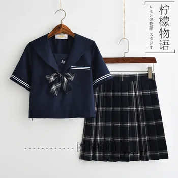 

Japanese JK Girls School Shirt Skirt Bow Cosplay Kanto Collar Uniform embroidered Sailor Suits (Socks as gift) S-XXL #06