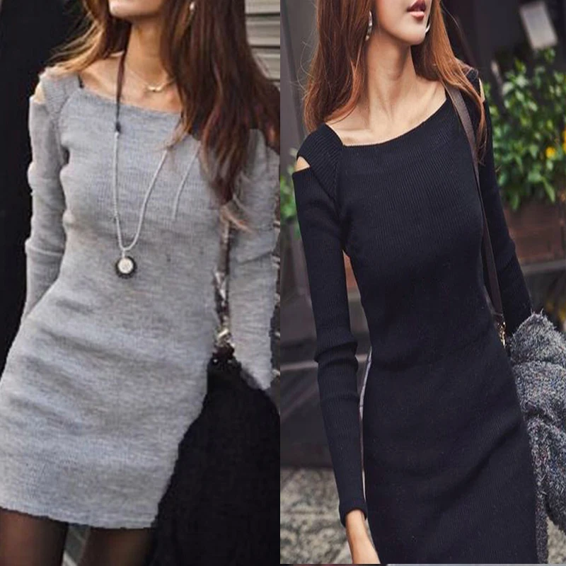 

Women Long Sleeve Bodycon Sweater Knitted Dress Female Pullover Autumn Winter Black Gray Sweater Dress Sexy S/M/L/XL/XXL