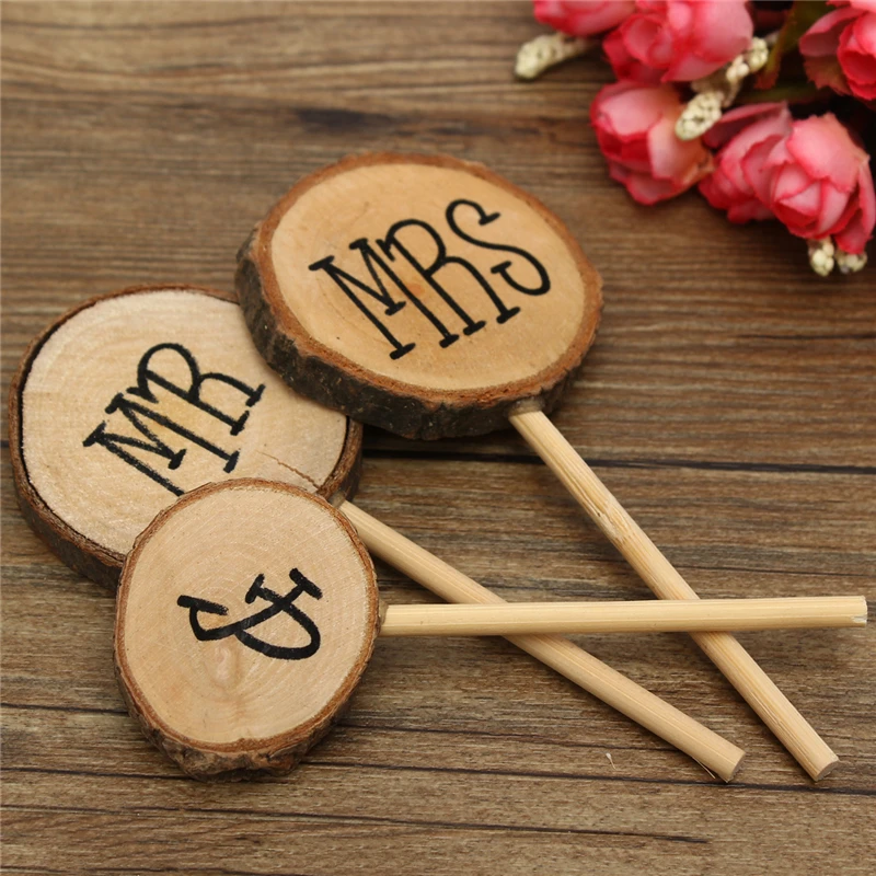 3x Wood Mr And Mrs Wedding Cake Topper Stick Decoration Rustic Anniversary Party