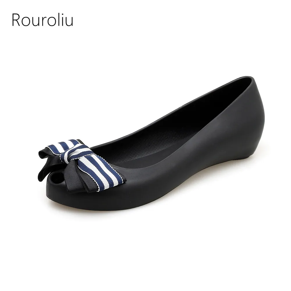 Rouroliu Women Peep Toe Jelly Shoes Summer Comfortable Flat With Casual Shoes Woman Slip-On Bowknot Loafers FR93 Rouroliu Women Peep Toe Jelly Shoes Summer Comfortable Flat With Casual Shoes Woman Slip-On Bowknot Loafers FR93