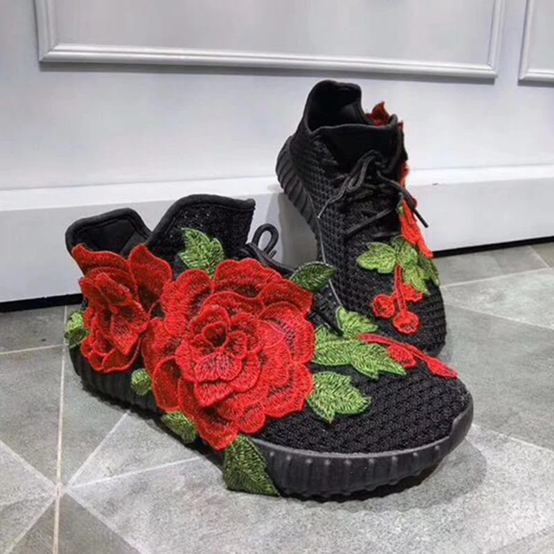 

Hanbaidi Spring Black Air Mesh Women Casual Shoes Fashon Red Rose Poined Toe Lace Up Flats Shoes Gladiator Outfit Shoes Woman
