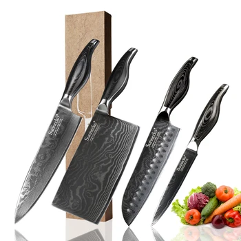 

SUNNECKO Premium Chef Santoku Utility Cleaver Knife Japanese VG10 Steel Blade Pakka Wood Handle Damascus 4PCS Kitchen Knives Set