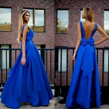 Blau V-ausschnitt Prom Kleider Ballkleid Kleider Arabisch Dubai Gemacht In China Fleck Bogen Cocktailkleid Formale Backless Abschlussball-kleid-kleid