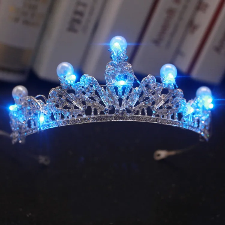 Сияющие Кристальные жемчужные светящиеся диадемы, синие светящиеся стразы, свадебная корона, Роскошная принцесса, диадема для невесты, аксессуары для волос