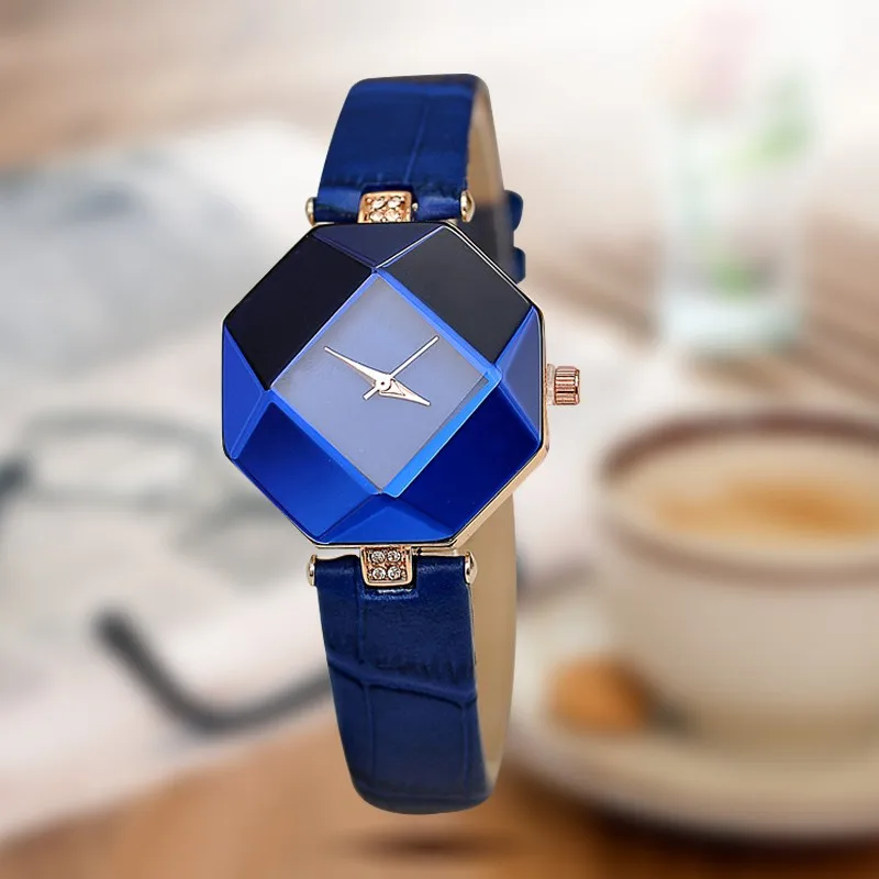 

Hot Sales Gem Cut Geometry Leather Watch Women Ladies Fashion Crystal Dress Quartz Wristwatch Relogio Feminino