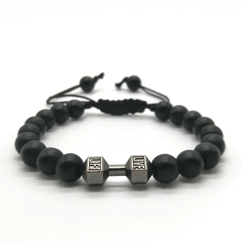 

Natural Black Matte Beads Bracelet Fitness Fit Life Prayer Dumbbell Bracelets For Men Macrame Woven Bracelet Men Jewelry