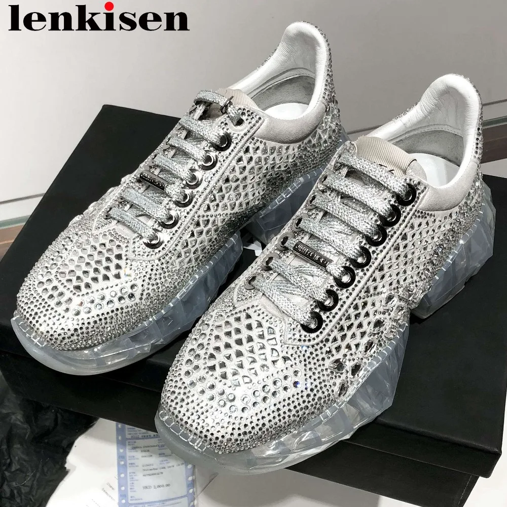 

Lenkisen new arrival European style high bottom lace up sneakers round toe waterproof crystals decoration vulcanized shoes L50