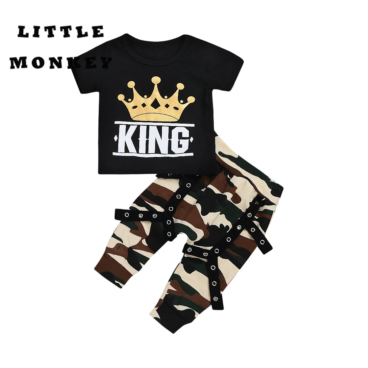 

Toddler boy clothes baby crown short sleeve camouflage streamers striped trousers Two-piece suit Fashion boys cloth
