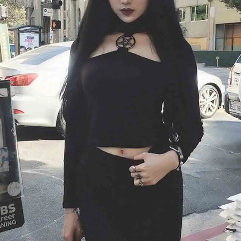 Pentagram link Decoration Punk Women Short Thin Sweaters Gothic Long Sleeve Five Pointed Star Cut out Cropped Tops | Женская одежда