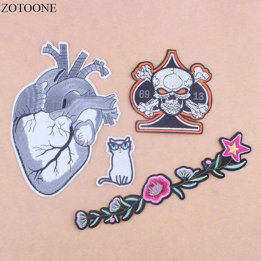 

Prajna Flower Patches Cat Big Heart Set Biker Skull Embroidered Patch Sewing Iron On Appliques Clothes Badges Stripe Stickers B1