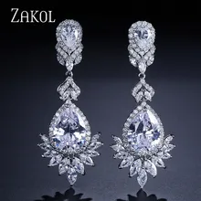 ZAKOL Fashion Zircon Chandelier Elegent Wedding Jewelry Luxury Long CZ Crystal Leaf Big Dangle Drop Earrings For Brides FSEP021