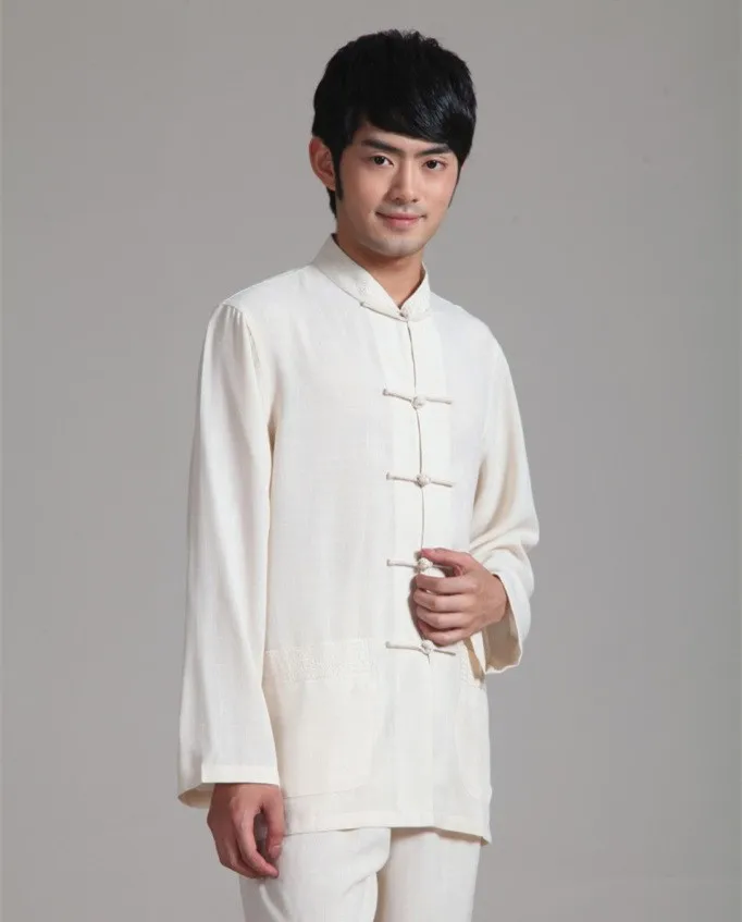 Высококачественное бежевое китайское мужское хлопковое белье рубашка Кунг-фу летний костюм с длинными рукавами Hombre Camisa Размер S M L XL XXL XXXL 2352-F