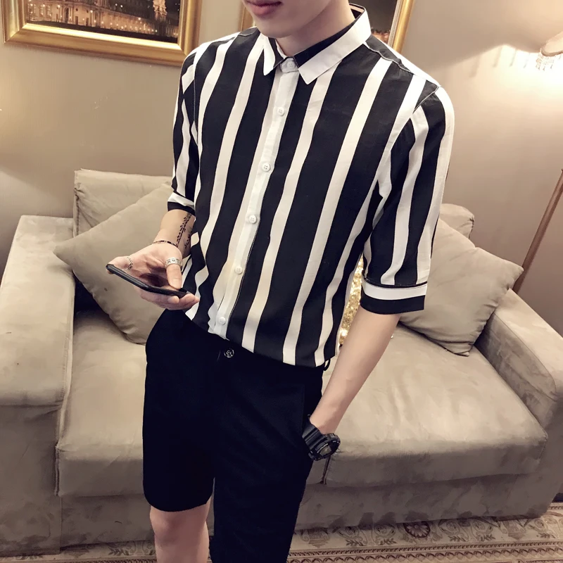 

LOLDEAL Summer Casual Striped Shirt Slim Fit Half Sleeve Shirt Slim Men
