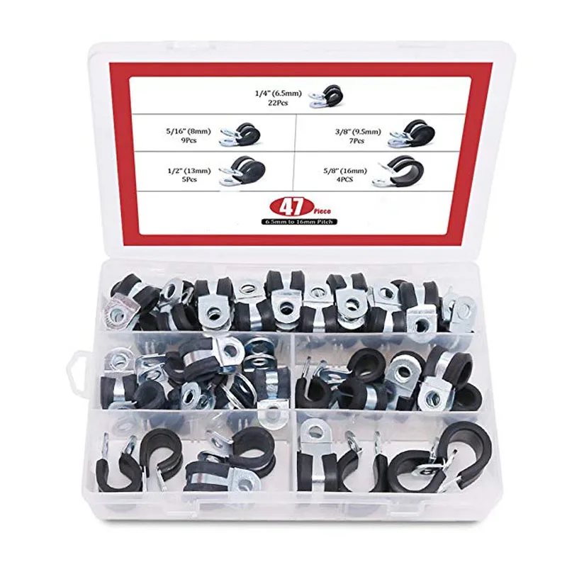 Boxed 47Pcs 5 Kinds Stainless Steel Rubber Lined P Clips Hose Pipe Clamps Kit 