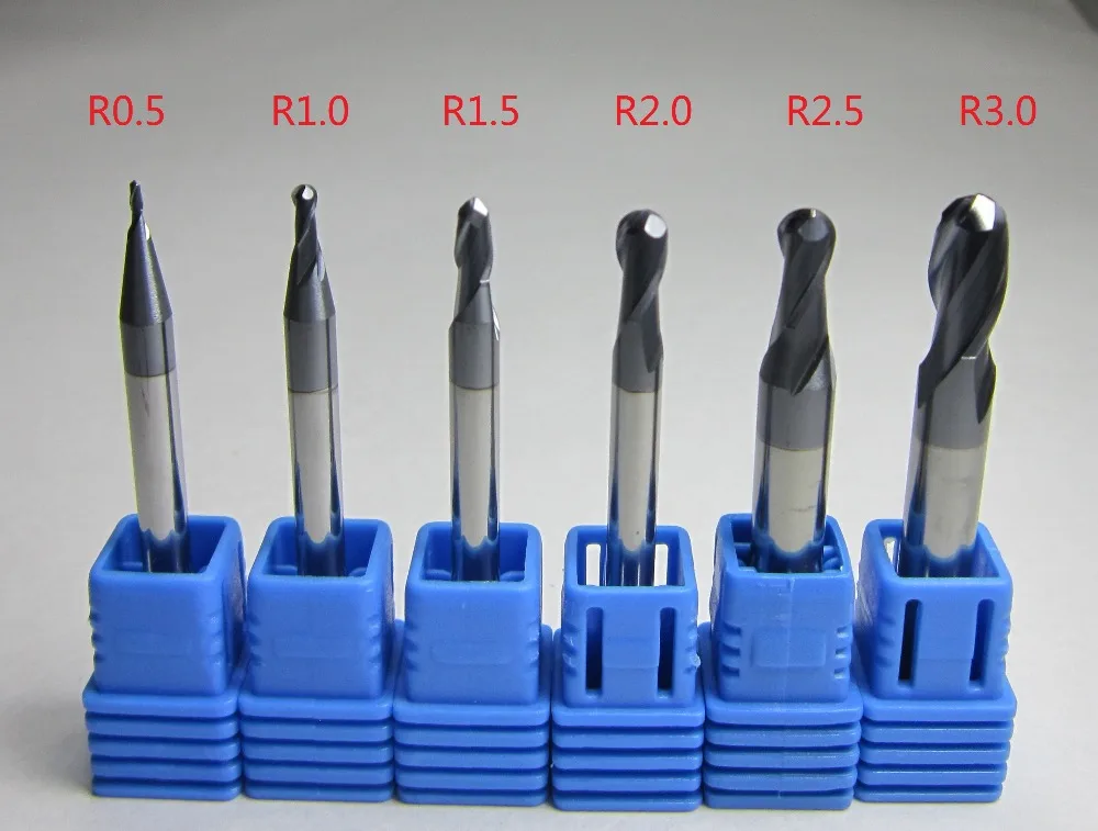 6PCS R0.5 R1.0 R1.5 R2.0 R2.5 R3.0 HRC45 2 flutes Carbide Ball Nose End Mills set ballnose