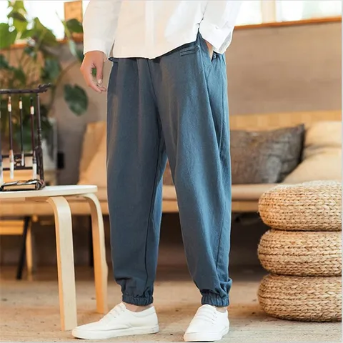 Cintas do pé Calças dos Homens da Forma do Estilo Chinês do Vintage Cintura com Cordão Sólida Calças Perna Larga Tamanho Grande Masculino M-7xl