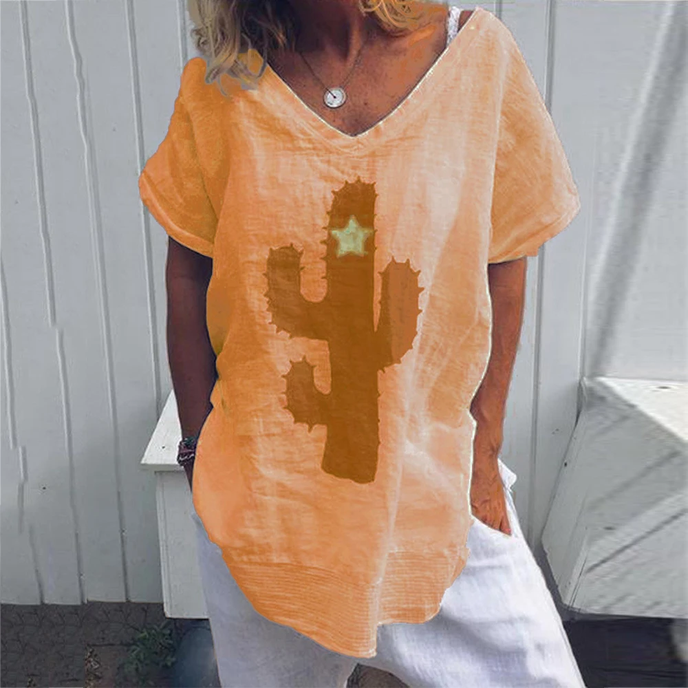 Women's White Blouse Cactus Printed Womens Tops and Blouses Summer Short Sleeve Loose Shirt V-Neck Casual Summer Top Tunic 5XL