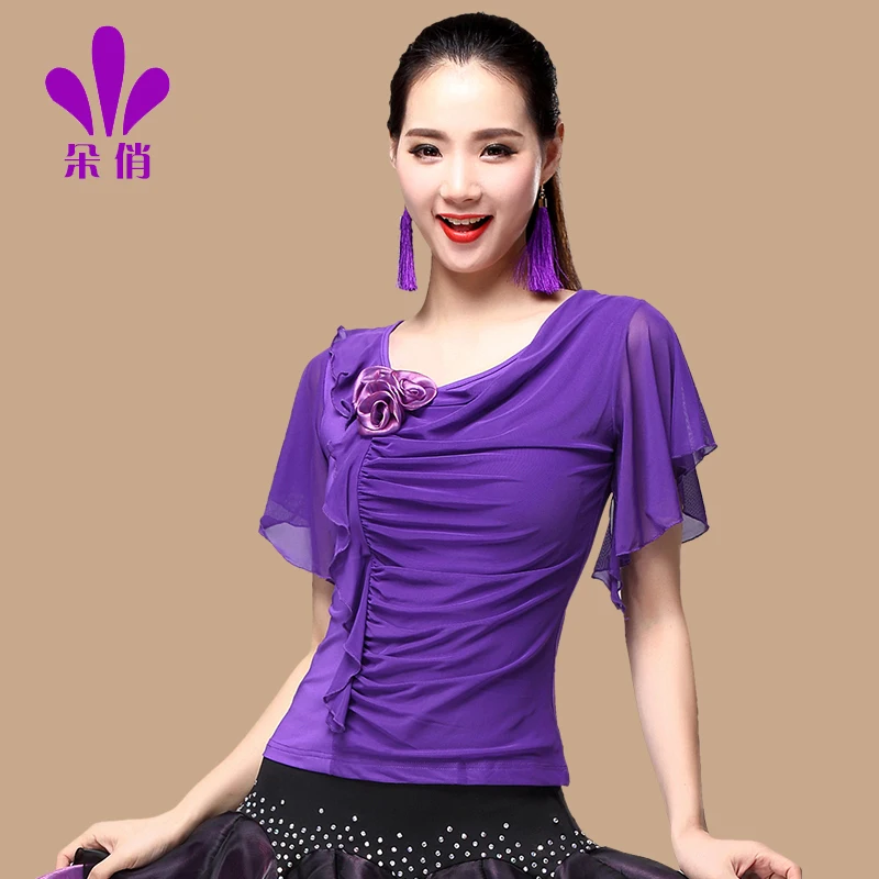 Леди кадриль рубашка плюс Размеры Для женщин Румба Самба танцы костюм женский латинская Одежда для танцев Взрослых продвижение B-4307 - Цвет: Purple B