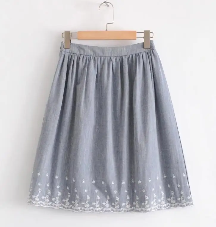 

Lady Floral Embroidery Fashion Pleated Midi A-line skirt Autumn Casual High waist Blue Women skirts female Skirt T785