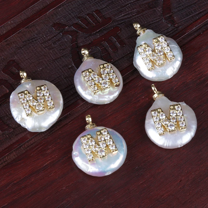 

initial 26 alphabet letter ABC name charm pave white CZ crystal freshwater pearl gold pendant for DIY personalized wedding gift