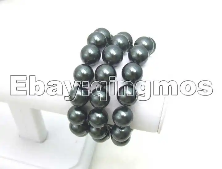 

SALE 3 strands Big 12MM high luster Perfect Round Black Sea Shell Pearl bracelet with magnet clasp-bra180
