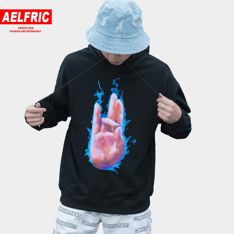 

AELFRIC 3d Funny Hand Flame Printing Hooded Streetwear Design Men Harajuku Sweatshirts Creative Male Cotton Hip Hop Hoodies Ca03