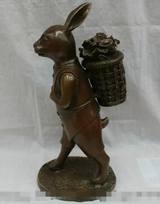 

S7032 14" Chinese Bronze Wealth Rabbit Man Carry YuanBao Skep cabbage Statue Sculpture D0318