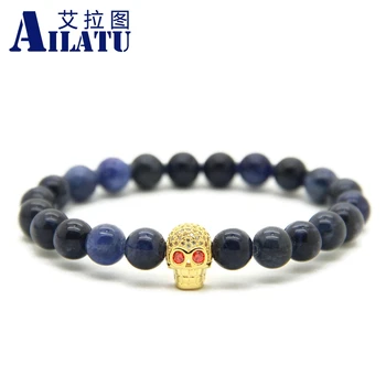 

Ailatu 10pcs/lot Wholesale 8mm Natural Blue Veins Stone with Micro Inlay Zircon Skull Bracelet Fashion Jewelry