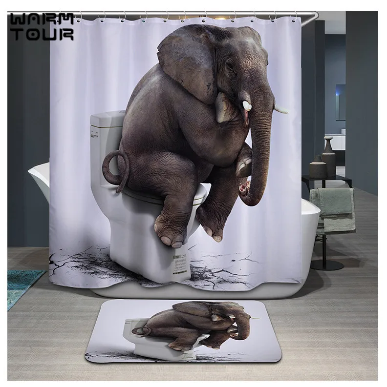 

Warm Tour Custom 3D Printing Elephant Decorative Waterproof Fabric Bathroom Shower Curtains Set 12 Hooks Mildewproof
