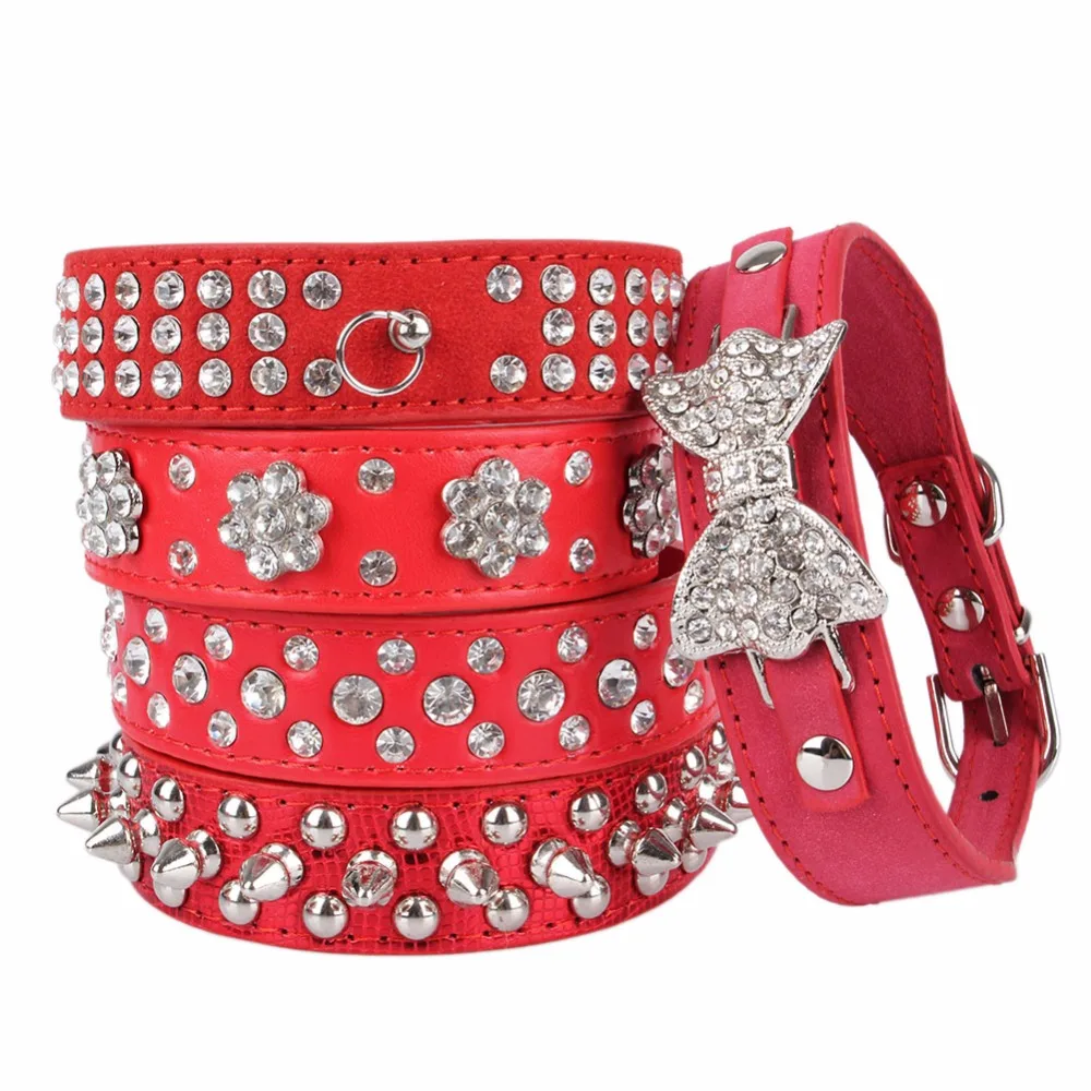 PipiFren Red Dogs Collars Cat Spiked Rhinestone For Pet Supplies Puppy