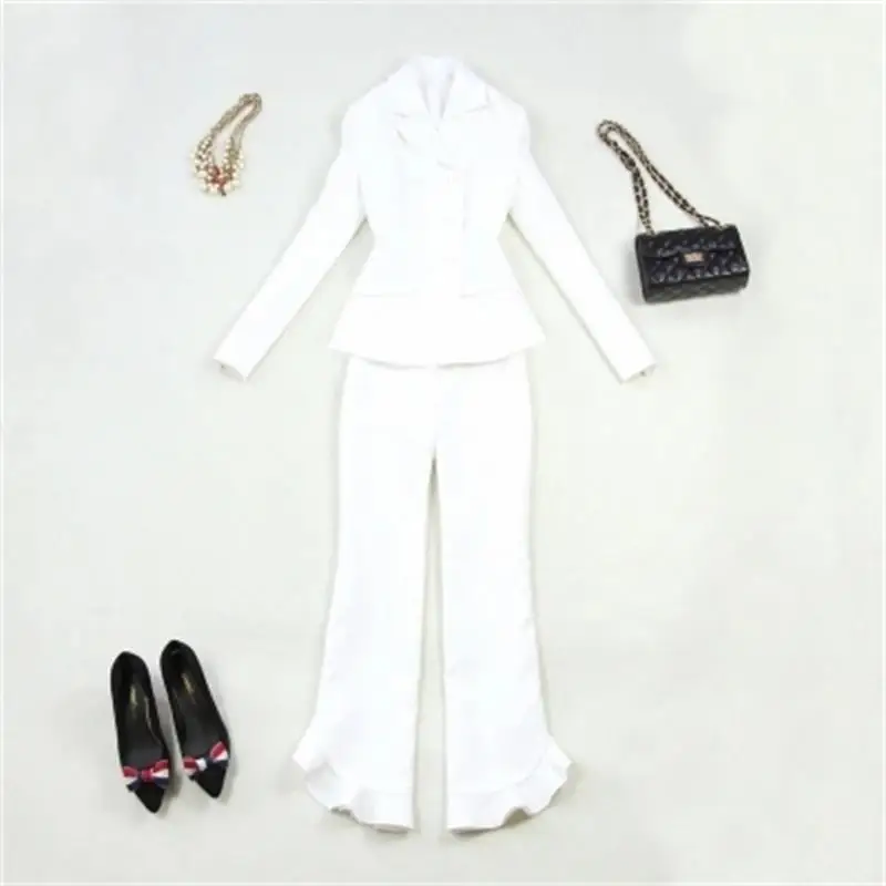 Fashion white Pant suit female spring New Casual white slim double breasted suit ruffled flared