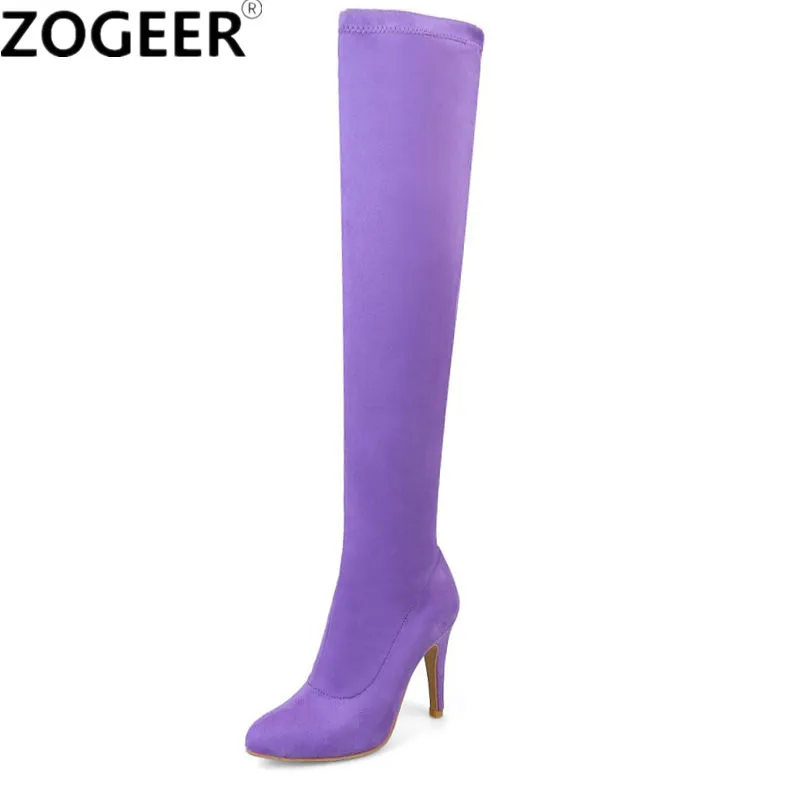 

Plus size 48 High Heel Stretch Fabric Over The Knee Boots Women Pointed Toe Spring Candy Color Thigh High Boots Shoes Woman