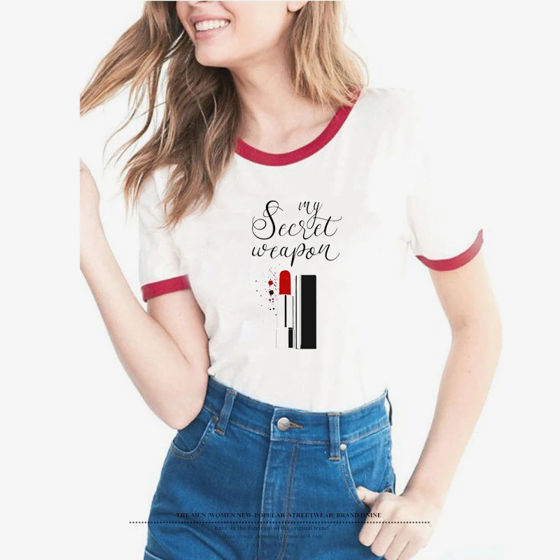 Las mujeres vogue t camisa mi arma secreta lápiz labial blanco impreso camiseta mujer camisetas mujer cuello redondo Camiseta mujer camiseta Las mujeres vogue t camisa mi arma secreta lápiz labial blanco impreso camiseta mujer camisetas mujer cuello redondo Camiseta mujer camiseta