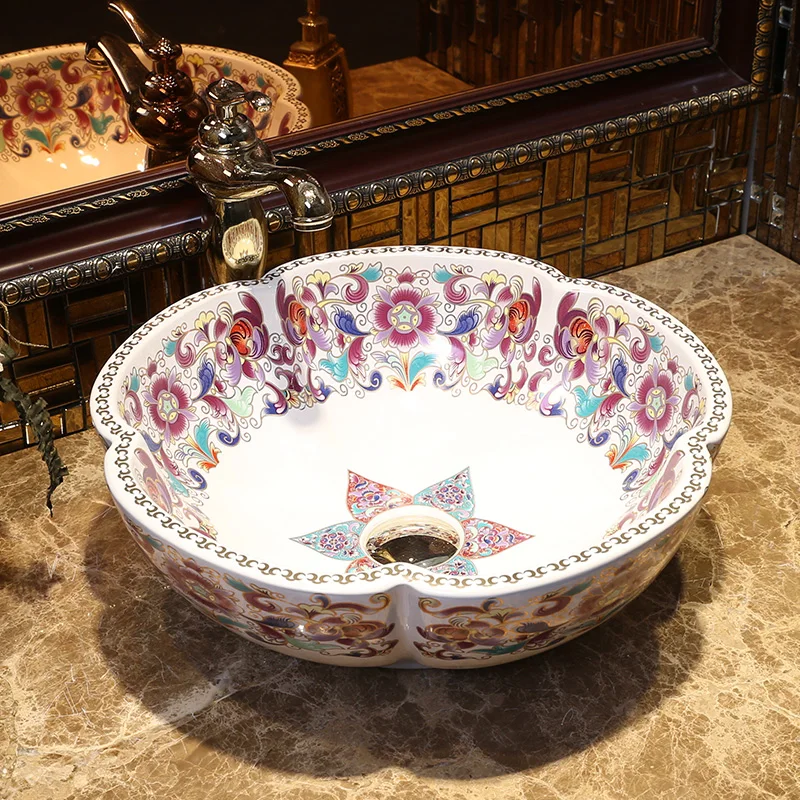 Europe Vintage Style Art wash basin Ceramic Counter Top Wash Basin Bathroom Sinks washing basin flower shape (8)