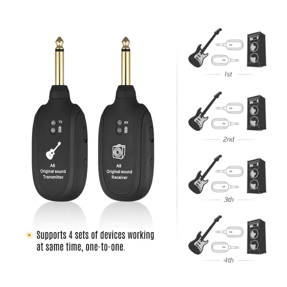 

2018 Small Size UHF Wireless Guitar Transmitter Receiver System 50M Transmission Range Built-in Rechargeable Lithium Battery