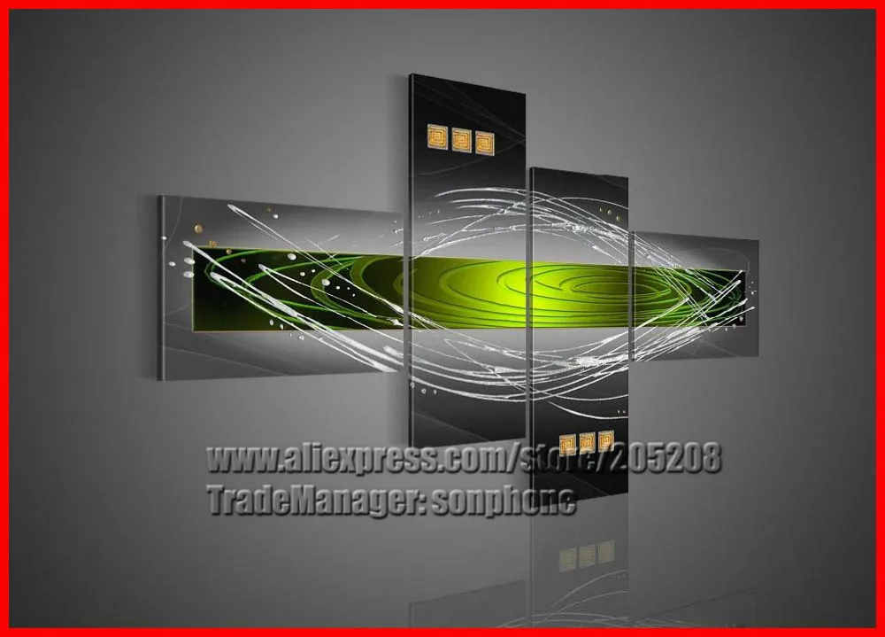 handmade black green modern abstract decorative 4 piece oil painting on canvas wall art for home
