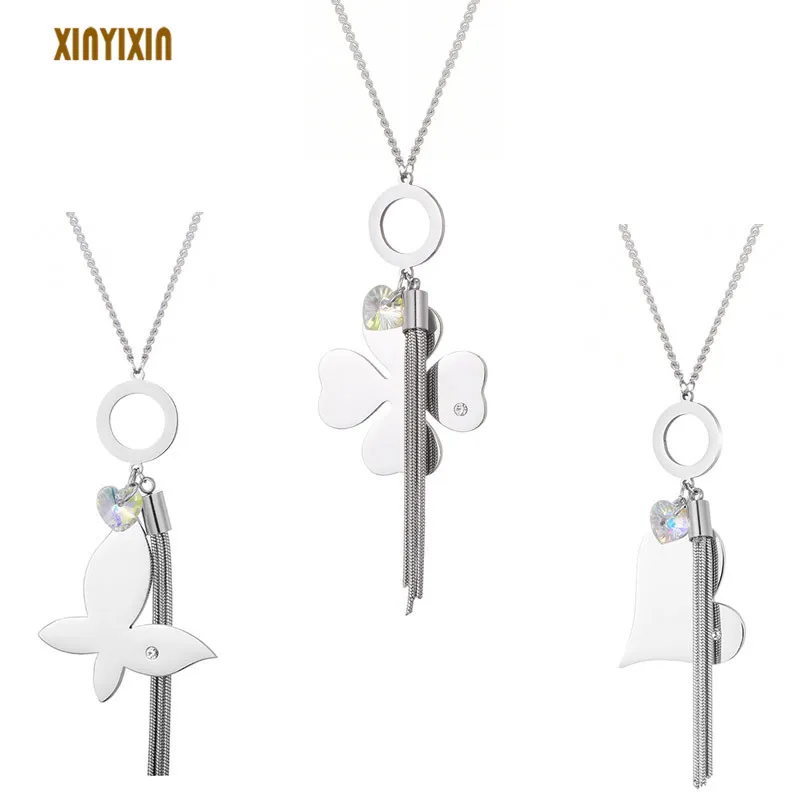 Color Four-leaf Clover Pendant Necklace Women Stainless Steel Crystal Heart Butterfly Tassel Long Style Jewelry Gift | Украшения и