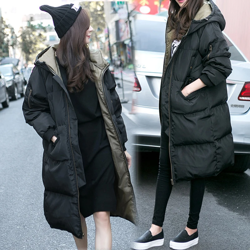 Корейский стиль манто Femme Hiver с капюшоном Длинные пара новая мода зимняя куртка