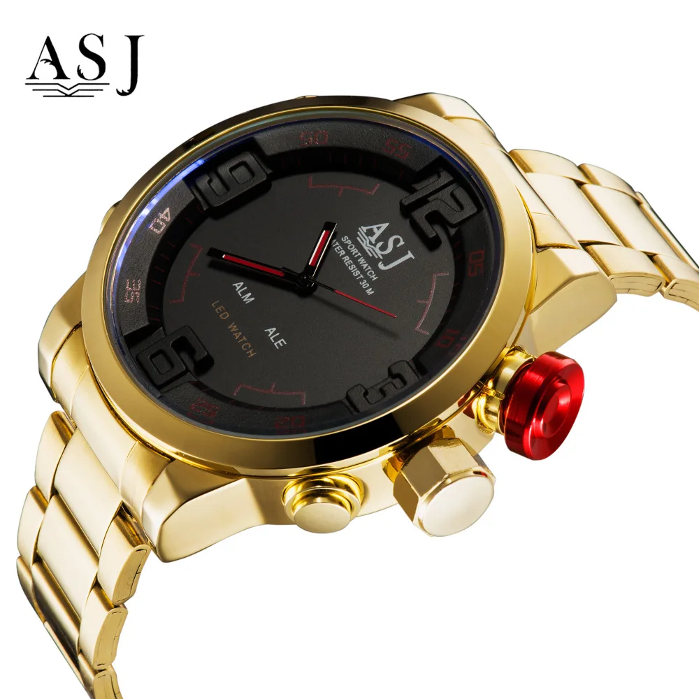

2017 Top Brand Luxury Wtach ASJ Waterproof Swim LED Digital Watch Military Sport Gold Stainless Steel Wristwatch Rojo de Hombre