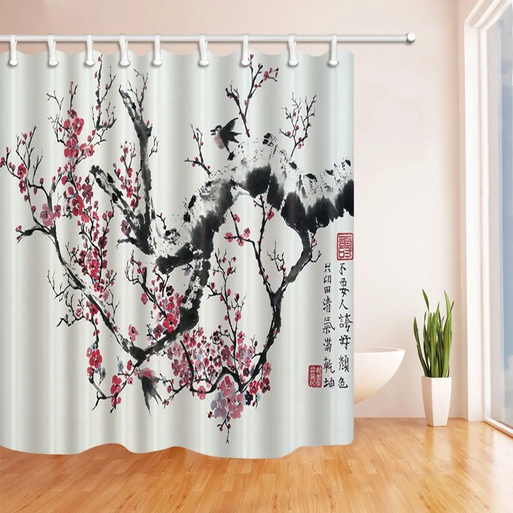 Watercolor Flowers Shower Curtains for Bathroom, Red Plum and Black
