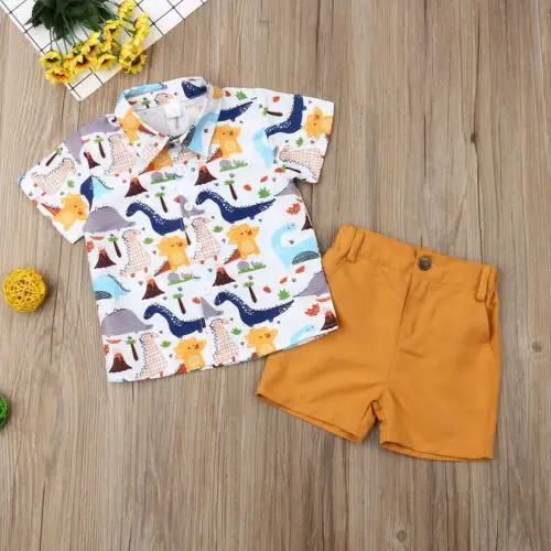 Pudcoco/Коллекция года; летние топы для маленьких мальчиков; футболка брюки с динозаврами; желтые шорты; комплект джентльмена